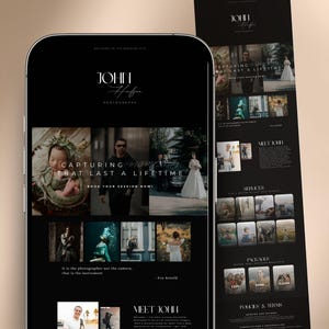 May include: A mobile phone displays a website with a black and white design. The website features the name "John Hadson Photography" and the tagline "Capturing Moments That Last a Lifetime." The site showcases various photography examples.