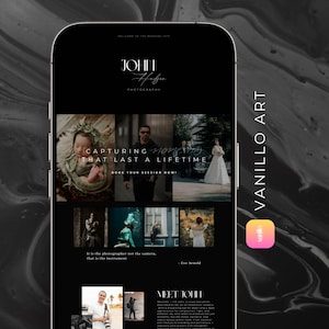 May include: A mobile phone screen displays a photography website with a black background. The website features a logo, images, and text that reads "Capturing Moments That Last a Lifetime." The Apple logo is visible.