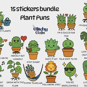Imágenes prediseñadas de plantas con frases divertidas – PNG con frases sobre plantas – Pegatinas kawaii de plantas de interior – Arte digital de suculentas y cactus – Descarga instantánea