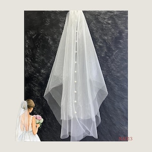 Parelbruidssluier, witte tule bruidssluier met pareldetails, 2-laags halflange sluier, elegant bruidsaccessoire