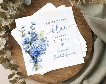 Personalized Something Blue Bridal Shower Napkins, Blue Hydrangea Floral Cocktail Napkins, Before I Do Brunch Party Decor