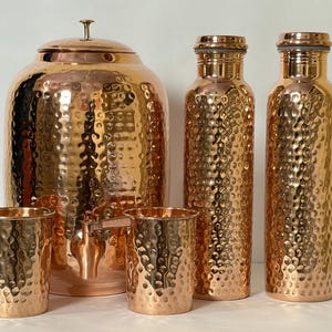Handmade 100% Pure Copper Dispenser Water Pitcher Pot 4L 4 Glass 2 Bottle Set Dispenser