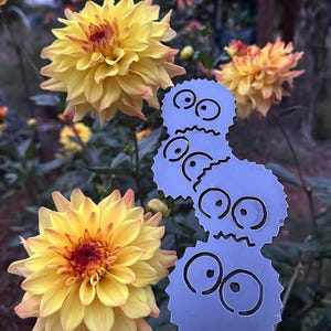K&ouml;nnte beinhalten: Nahaufnahme von gelben Dahlien mit roten Zentren und hellorangen Spitzen. Ein hellblauer Metall-Gartenstecker mit Cartoon-Gesichtern befindet sich im Vordergrund. Die Blumen befinden sich in einer Gartenumgebung.