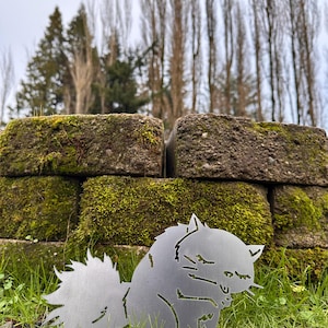 May include: A metal cat silhouette sculpture with a fluffy tail, sitting in green grass. The cat is made of silver metal and is in front of a moss-covered brick wall. The background includes trees and a cloudy sky.