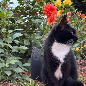 May include: A black and white cat with green eyes sits in front of a vibrant flower bush with orange and yellow blooms. A black, stylized figure stands to the left of the cat. The cat has white markings on its chest and paws.