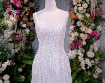 Pearl Beaded Mini Wedding Dress | Sparkly Bridal Reception Dress | Fringe Sequin Short Wedding Dress for After Party Bride