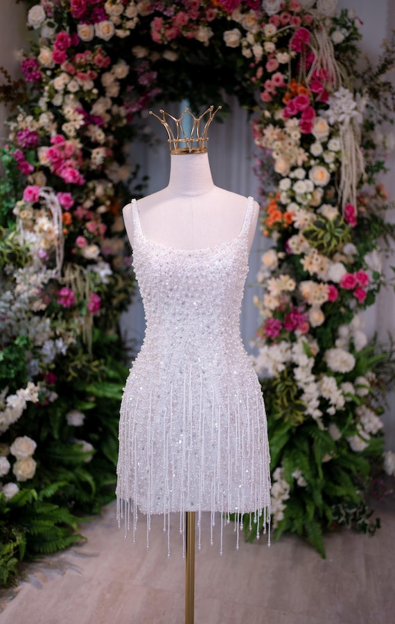 beaded fringe white dress Pearl Mini Wedding | Sparkly Bridal Reception Dress wedding white fringe dress