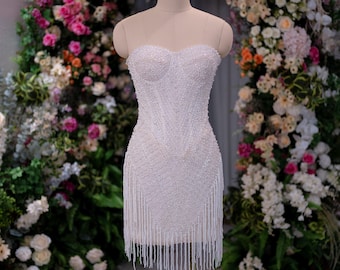 Minivestido de novia palabra de honor brillante, vestido de novia con flecos de perlas, vestido de novia de lujo para la recepción, vestido de novia con corsé de cordones