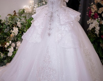Handmade Princess Ball Gown Wedding Dress, Luxury Beaded Bridal Gown, Off Shoulder Lace Tulle Gown with Train