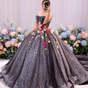 Black Ball Gown / Strapless Floral Evening Dress /Colorful Applique Formal Prom Gown / Elegant Handmade Black Floral Wedding Dress for Bride