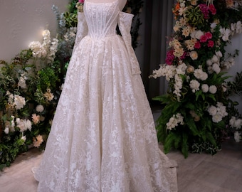 Vestido de novia de encaje con hombros descubiertos / Vestido de novia con corsé / Vestido de novia de manga larga desmontable / Vestido de novia princesa romántico / Hecho a medida
