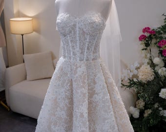Sparkly Lace Mini Wedding Dress, Strapless Bridal Reception Dress, Corset Short Wedding Dress, Custom Bridal Gown