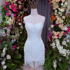 Handmade Pearl Fringe Mini Wedding Dress – Short Beaded Bridal Gown – Sparkly Reception Dress – Custom Made Lace Party Dress for Bride