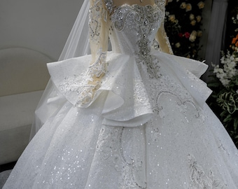 Luxury Sparkly Ball Gown Wedding Dress – Handmade Long Sleeve Bridal Gown – Beaded Lace Princess Wedding Dress with Train – Custom Made
