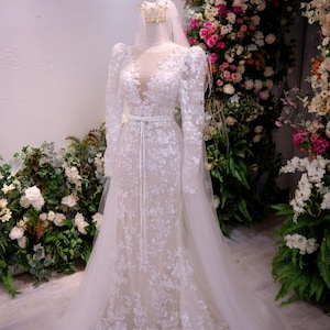 Elegant Long Sleeve Wedding Dress - 3D Floral Lace, Fitted Silhouette with Dramatic Train, Long Veil & Bridal Crown, Custom Made