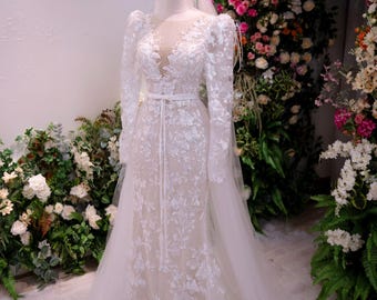 Long Sleeve Lace Wedding Dress Illusion Neck Mermaid Bridal Gown | Floral Appliqué Fitted Wedding Dress Elegant Train Custom Made