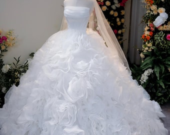 Luxury Strapless Ball Gown Wedding Dress, Dramatic Ruffle Skirt Bridal Gown, Princess Wedding Dress, Custom Couture Bridal Dress