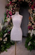 Halter Neck Sequin Fringe Mini Wedding Dress | Sparkly Beaded Bridal Reception Dress | Modern After Party Gown Custom Made product logo