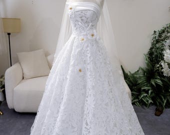 Strapless Floral Lace Wedding Dress A Line | Bridal Gown with Veil Elegant Classic | Romantic Wedding Dress Custom Made Bride Dress