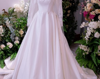 Elegant Long Sleeve Satin Wedding Dress with High Neck Lace, A-Line Bridal Gown for Church Ceremony, Timeless Vintage Inspired Wedding Dress