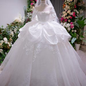 Luxury Princess Ball Gown Wedding Dress, Off Shoulder Satin, Lace Bridal Gown with Large Bow, Elegant Puffy Skirt, Romantic Fairytale Dress