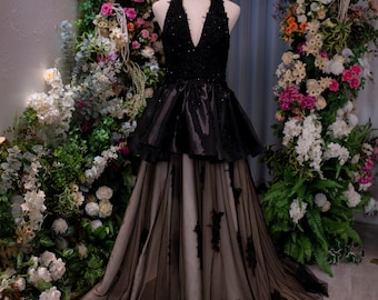 Elegant Black Tulle Ball Gown with Deep V Neck and Lace Appliqués, Dramatic Custom Formal Dress for Wedding or Evening Event