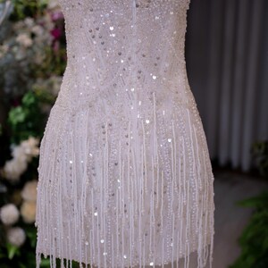 Spaghetti Strap Pearl Fringe Mini Wedding Dress, Sequin Beaded Bridal Reception Dress, Sparkly Short After Party Gown image 8