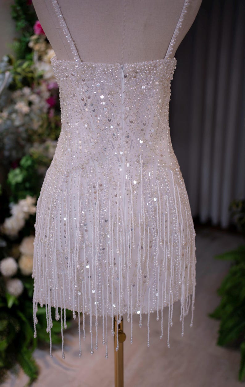 Spaghetti Strap Pearl Fringe Mini Wedding Dress, Sequin Beaded Bridal Reception Dress, Sparkly Short After Party Gown image 8