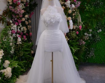 3D Floral Mini Wedding Dress, Strapless Tulle Bridal Gown, Detachable Overskirt Wedding Dress, Modern Reception Bridal Dress, Custom Made