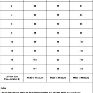 May include: A standard US size chart table with columns for US size, bust, waist, and hips in centimeters. The table lists sizes 2 through 16 with corresponding body measurements and includes a row for custom size. Notes provide guidance on sizing.