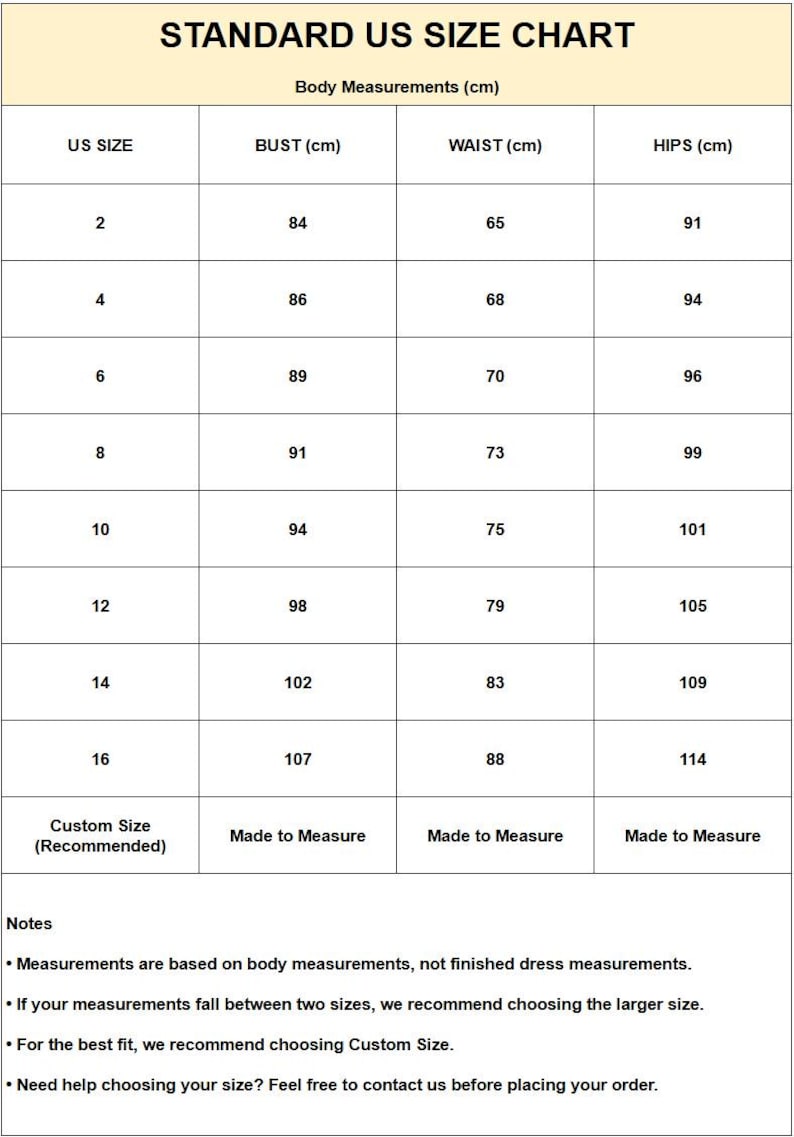 May include: A standard US size chart table with columns for US size, bust, waist, and hips in centimeters. The table lists sizes 2 through 16 with corresponding body measurements and includes a row for custom size. Notes provide guidance on sizing.