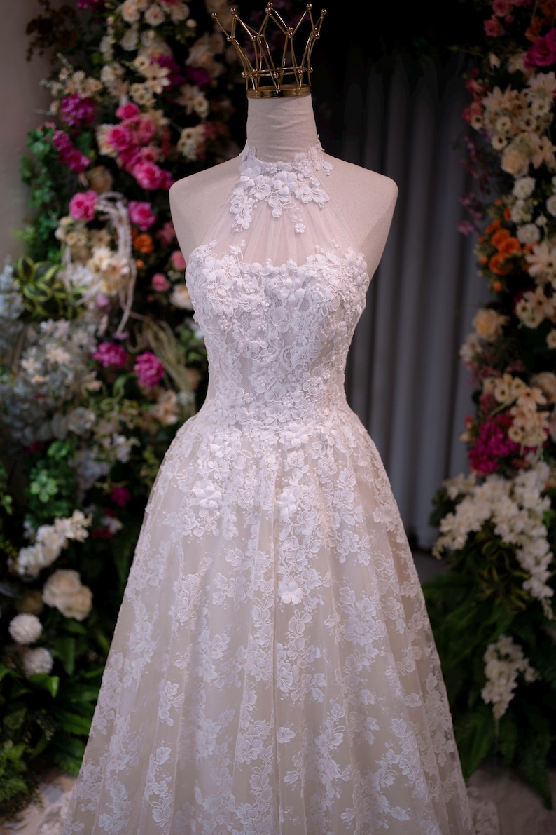 Halter Lace Wedding Dress | A Line Bridal Gown | Romantic Lace Wedding Dress | Garden Wedding Bridal | Custom Made Elegant Bride image 6