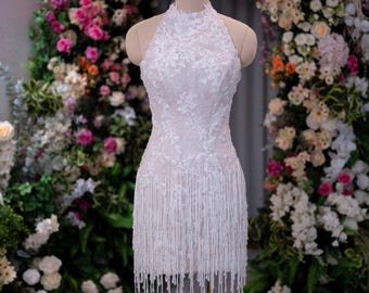 Vestido de novia mini de lujo con escote halter, vestido de recepción con flecos y cuentas, vestido de novia con cordones, vestido brillante para la fiesta posterior, vestido de novia a medida