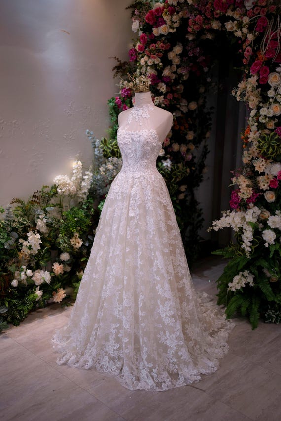 Halter Lace Wedding Dress | A Line Bridal Gown | Romantic Lace Wedding Dress | Garden Wedding Bridal | Custom Made Elegant Bride