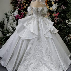 Princess Off Shoulder Ball Gown Wedding Dress / Crystal Beaded Lace Bridal Gown / Puffy Skirt Off Shoulder Bridal Dress/ Custom Wedding Gown