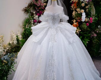 Vestido de novia de gala de lujo brillante, vestido de novia de princesa con hombros descubiertos, vestido de novia de tul brillante, vestido de novia con corsé de cuentas, alta costura