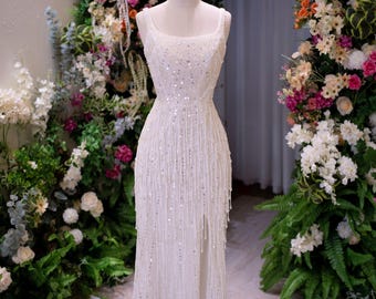 Pearl Beaded Fringe Wedding Dress – Sparkly Sequin Mermaid Bridal Gown, Elegant Reception Dress, Custom Made Fringe Mini Wedding Gown