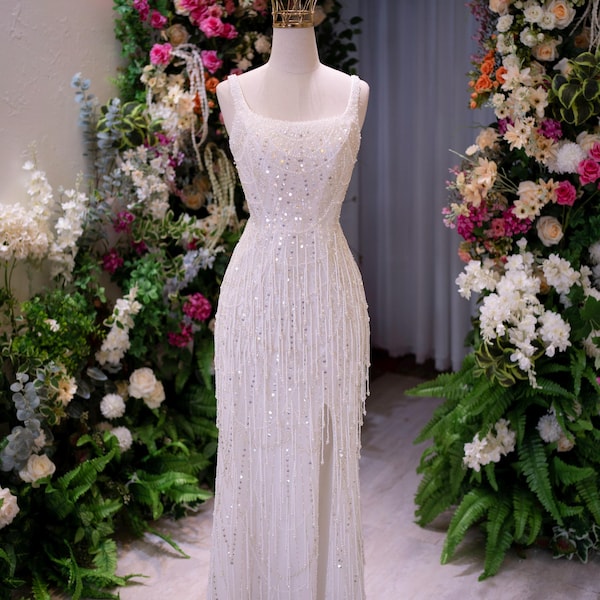 Pearl Beaded Fringe Wedding Dress – Sparkly Sequin Mermaid Bridal Gown, Elegant Reception Dress, Custom Made Fringe Mini Wedding Gown