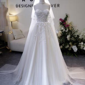 Handmade Sparkly Tulle Wedding Dress, Strapless A-Line Bridal Gown with Sequin Floral Embellishments and Veil, Romantic Princess Style