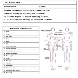 May include: A white form detailing wedding dress measurements in cm. It features a table for entering measurements, diagrams showing measurement points, and instructions to measure directly on the body, not estimated.