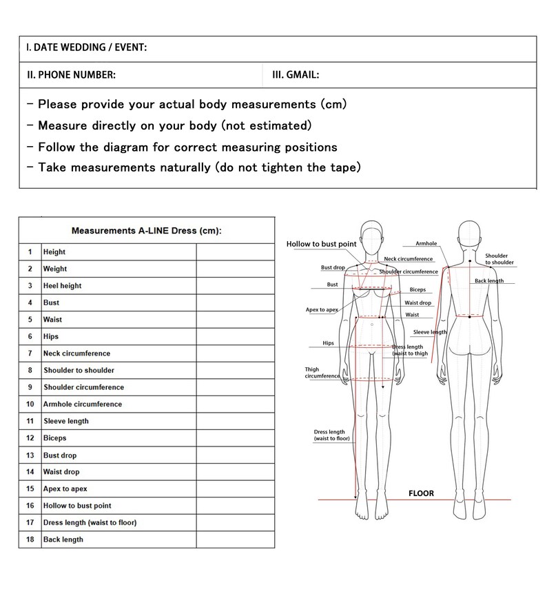 May include: A white form detailing wedding dress measurements in cm. It features a table for entering measurements, diagrams showing measurement points, and instructions to measure directly on the body, not estimated.