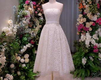 Strapless Floral Lace Midi Wedding Dress | Textured A-Line Bridal Gown for Civil Ceremony & Reception | Romantic Tea-Length Custom Made