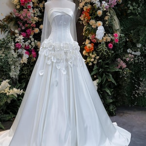 Strapless Satin Wedding Dress with 3D Floral Appliqué and Corset Bodice, Elegant A-line Bridal Gown with Train image 3