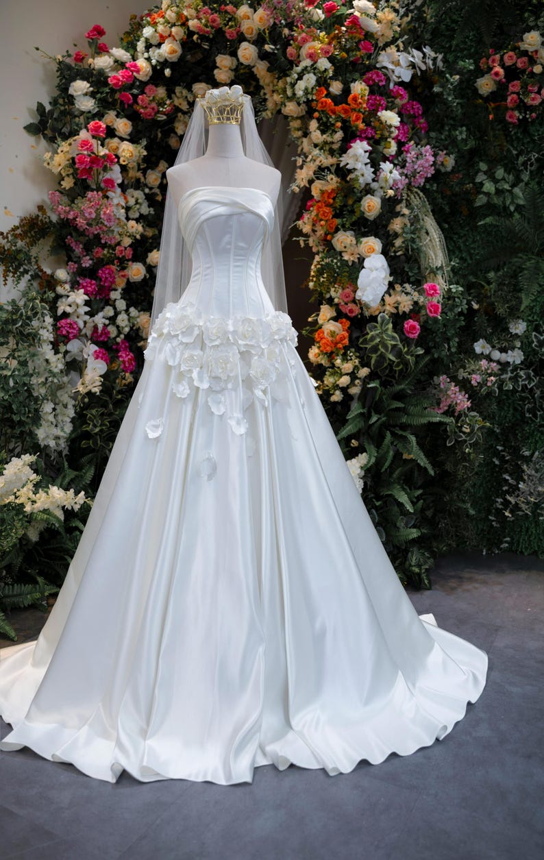 Strapless Satin Wedding Dress with 3D Floral Appliqué and Corset Bodice, Elegant A-line Bridal Gown with Train image 3
