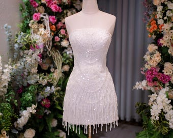 Strapless Pearl Fringe Mini Wedding Dress – Sparkly Sequin Short Bridal Gown, Beaded Reception Dress, Custom Made Second Look for Bride