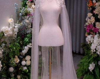 Beaded Bridal Cape with Long Tulle Wings – Wedding Shoulder Cape