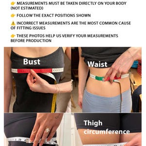 May include: An instructional graphic titled MEASUREMENT CONFIRMATION REQUIRED with four photos demonstrating how to measure the bust, waist, hips, and thigh circumference using a flexible measuring tape to ensure accurate garment sizing.