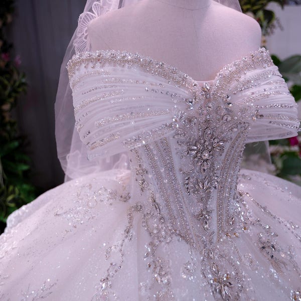 Handmade Princess Ball Gown Wedding Dress, Luxury Beaded Bridal Gown, Off Shoulder Lace Tulle Gown with Train