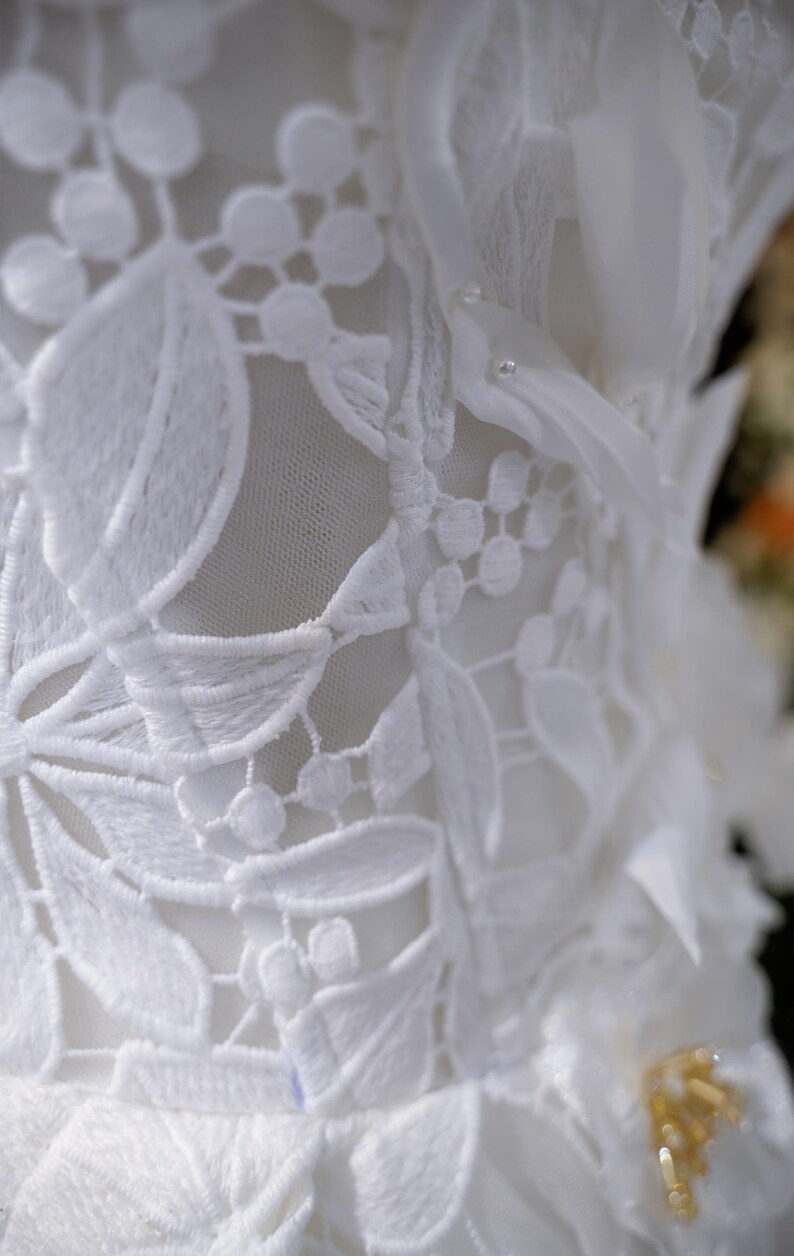 May include: Close-up of white lace fabric with floral and leaf patterns. The delicate lace features intricate embroidery and a soft, textured appearance. The design includes small, beaded accents and layered fabric details.