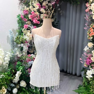 Handmade Mini Wedding Dress – Short Sequin Fringe Bridal Gown – Pearl Beaded Strapless Reception Dress – Custom Pearl Beaded Mini Dress